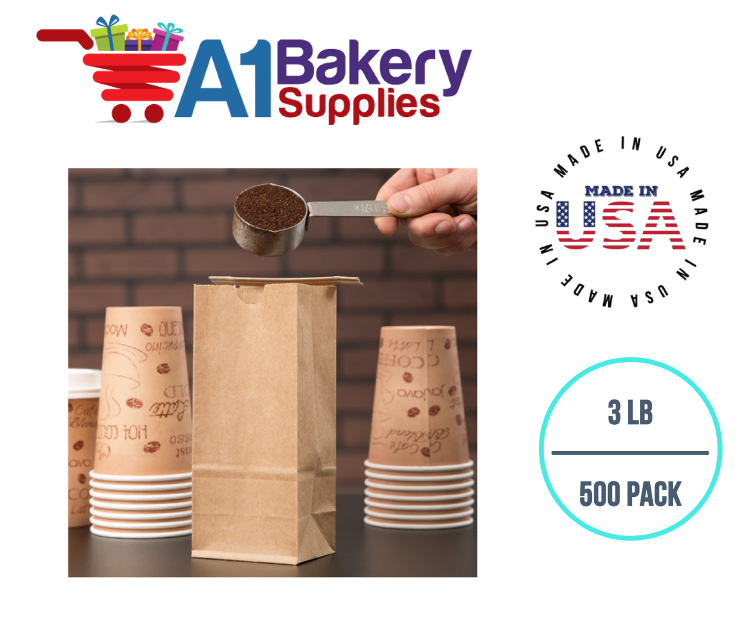 3 LB Size Brown No Window Tin Tie Bags 500 PCS  Kraft  Bakery Bags with No Window Resealable Tin Tie Tab Lock Poly-Lined Bags Kraft Paper Bags for Cookies, Coffee