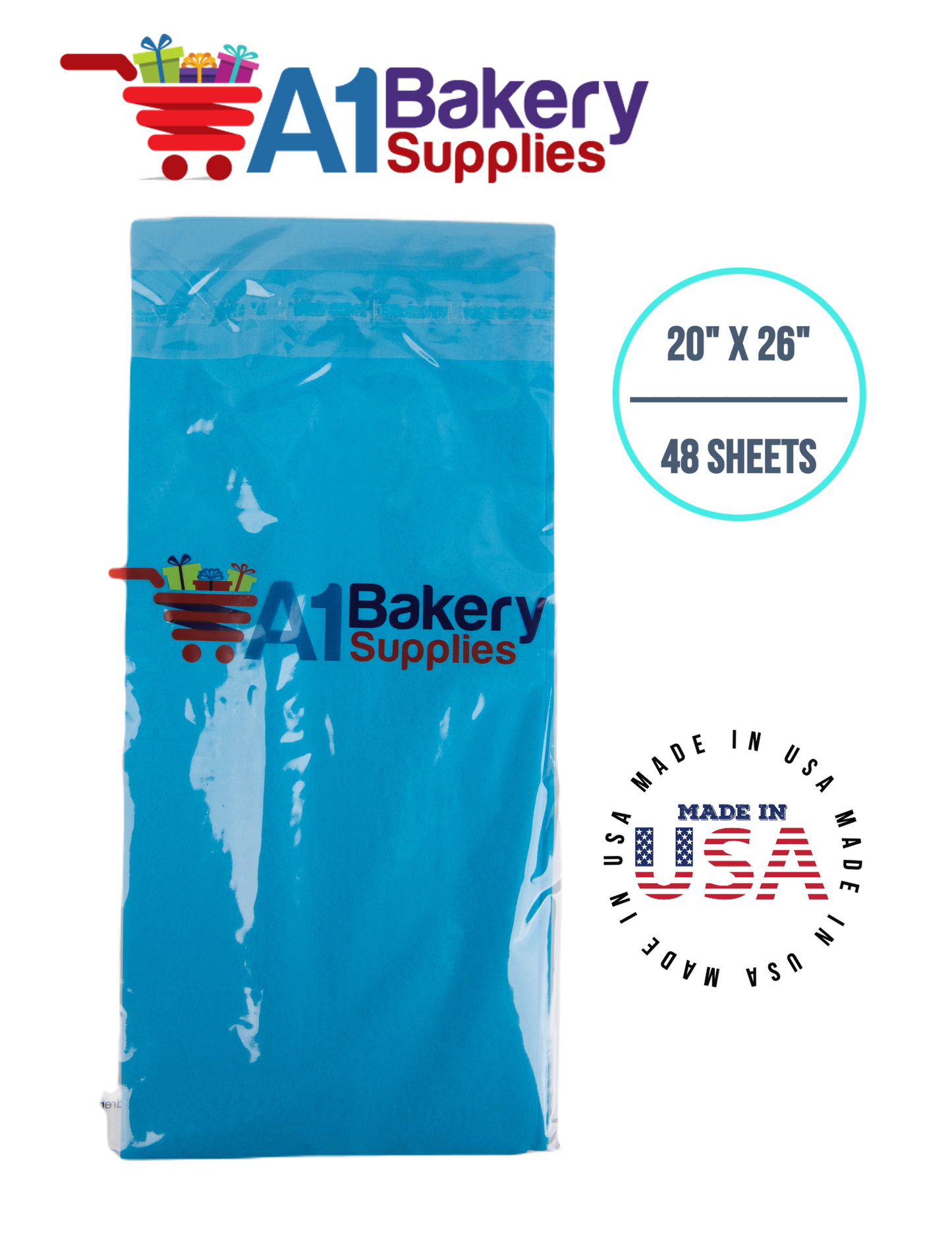 Turquoise Blue Tissue Paper Squares, Bulk 48 Sheets, Premium Gift Wrap and Art Supplies for Birthdays, Holidays, or Presents by A1BakerySupplies, Medium 20 Inch x 26 Inch